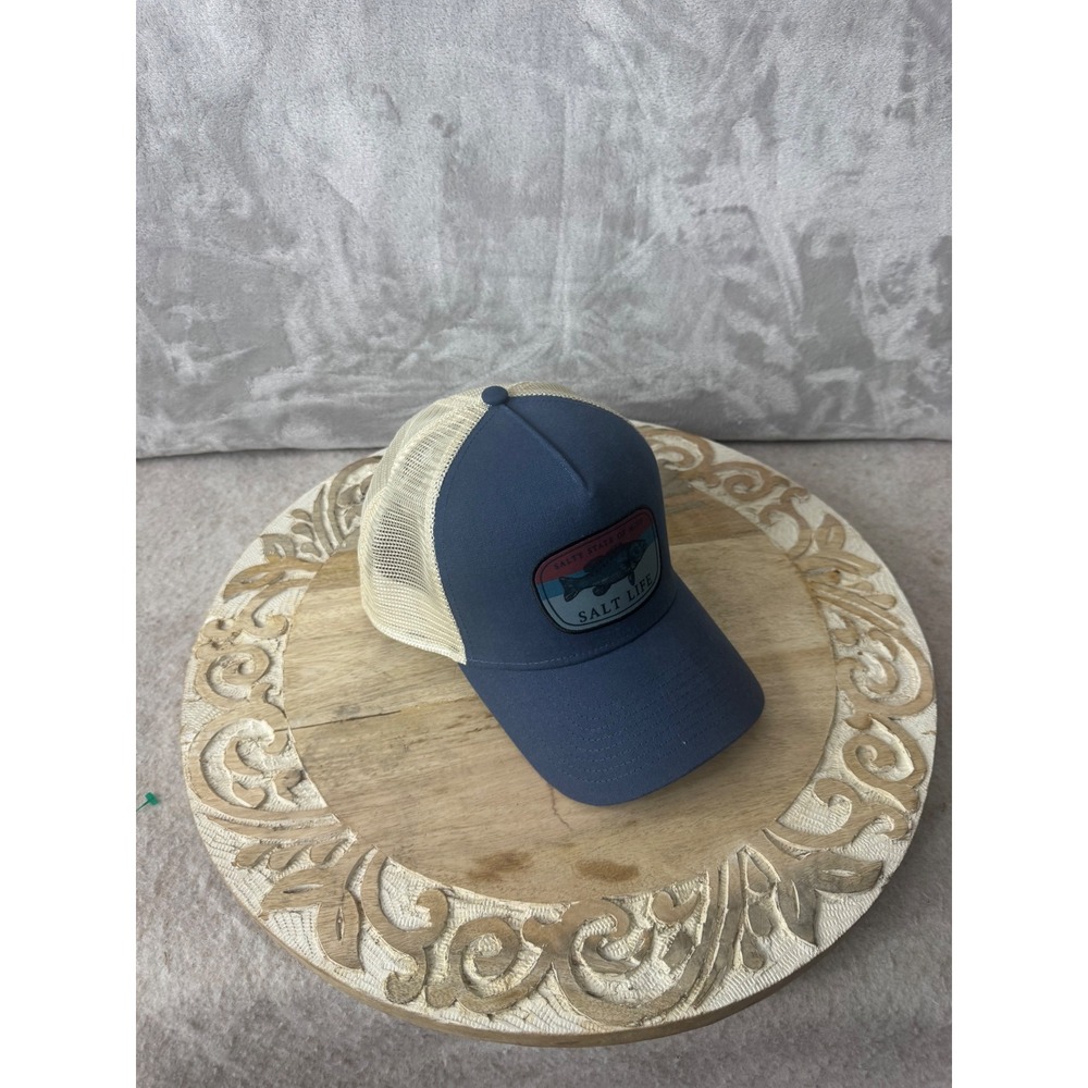 Salt Life Mens Navy Blue Tan Mesh Trucker Hat Salty State of Mind Fish Patch Cap